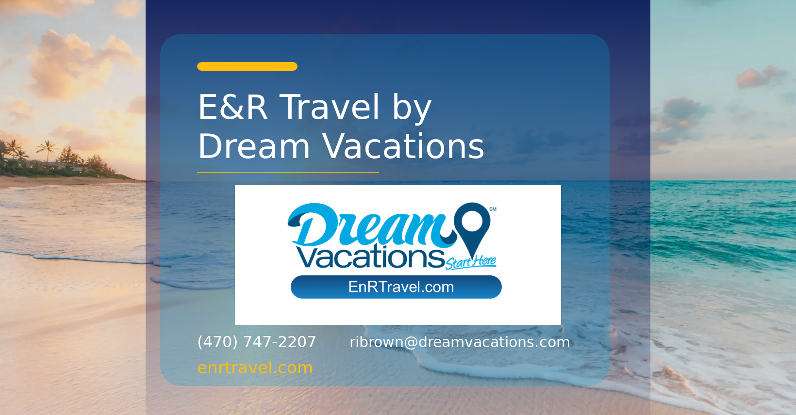 Facebook cover photo preview with a sunlit tropical beach, the unchanged official Dream Vacations logo, E&R Travel by Dream Vacations wording, and approved contact details