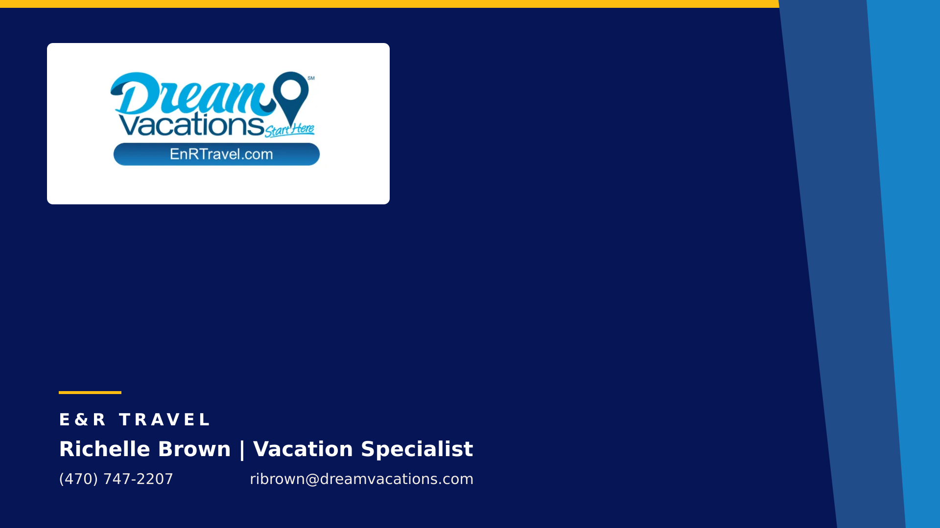 Version 1 Classic Navy E&R Travel Zoom background with the Dream Vacations logo and Richelle Brown contact details