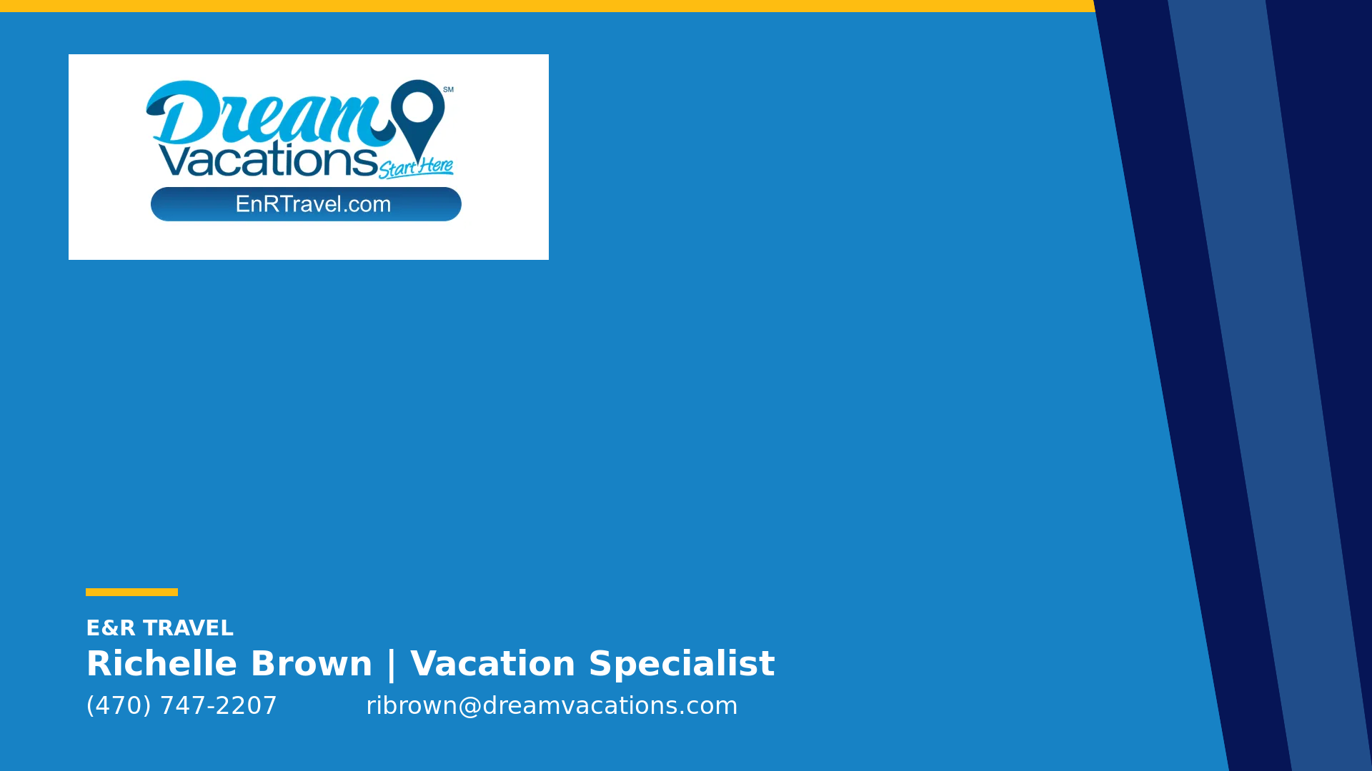 Version 2 Ocean Blue E&R Travel Zoom background with navy structure, gold accent, and Richelle Brown contact details