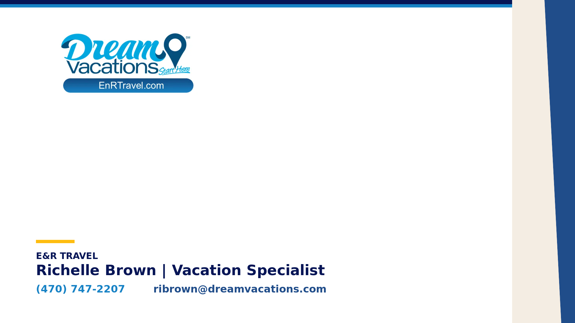 Version 3 Clean White E&R Travel Zoom background with navy and blue typography, gold accent, and Richelle Brown contact details