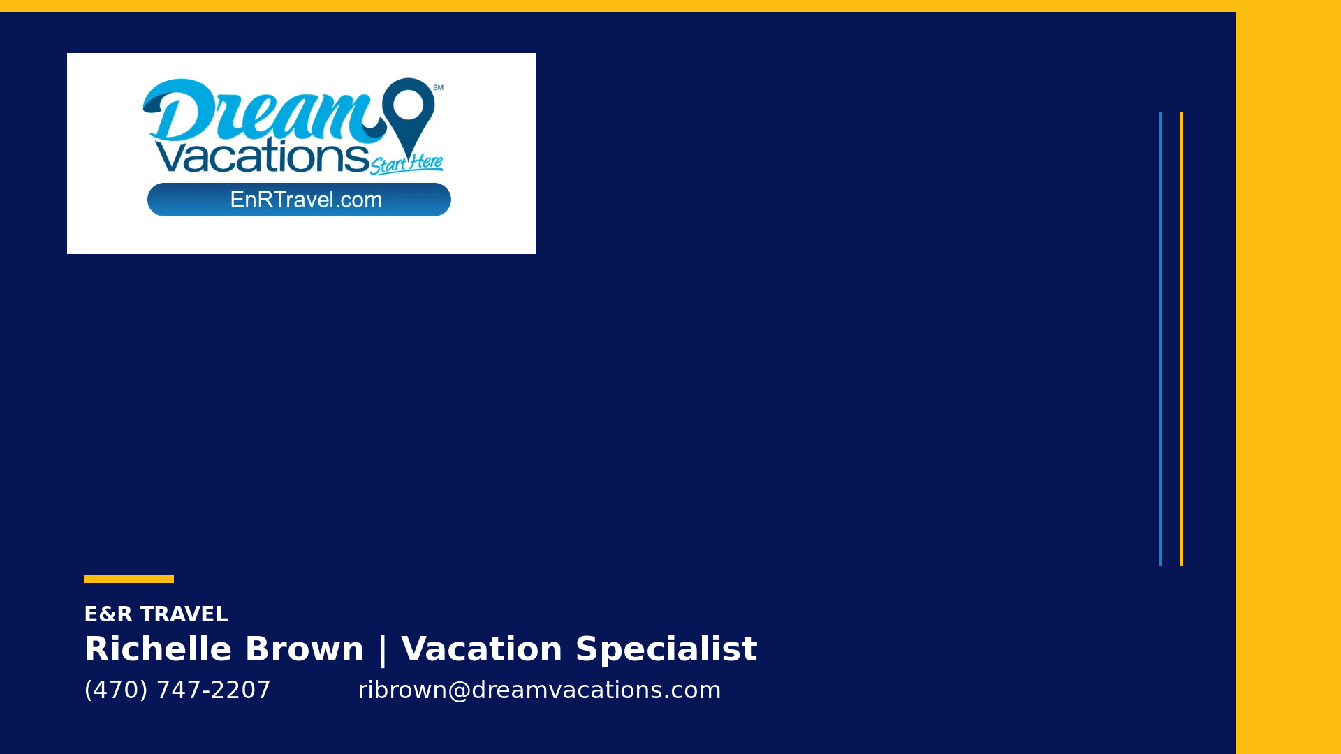 Version 4 Gold Accent E&R Travel Zoom background with navy field, gold edge accent, and Richelle Brown contact details