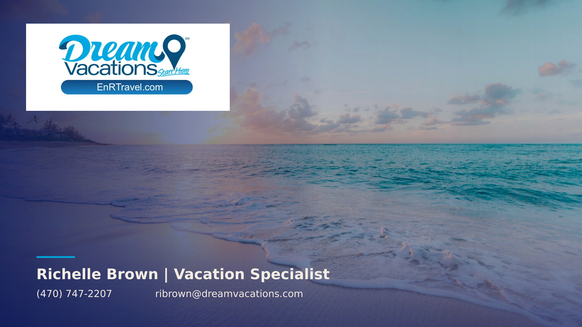 Version 5 Caribbean Breeze Zoom background with turquoise Caribbean water, a bright sandy beach, palm trees, the Dream Vacations logo, and Richelle Brown contact details