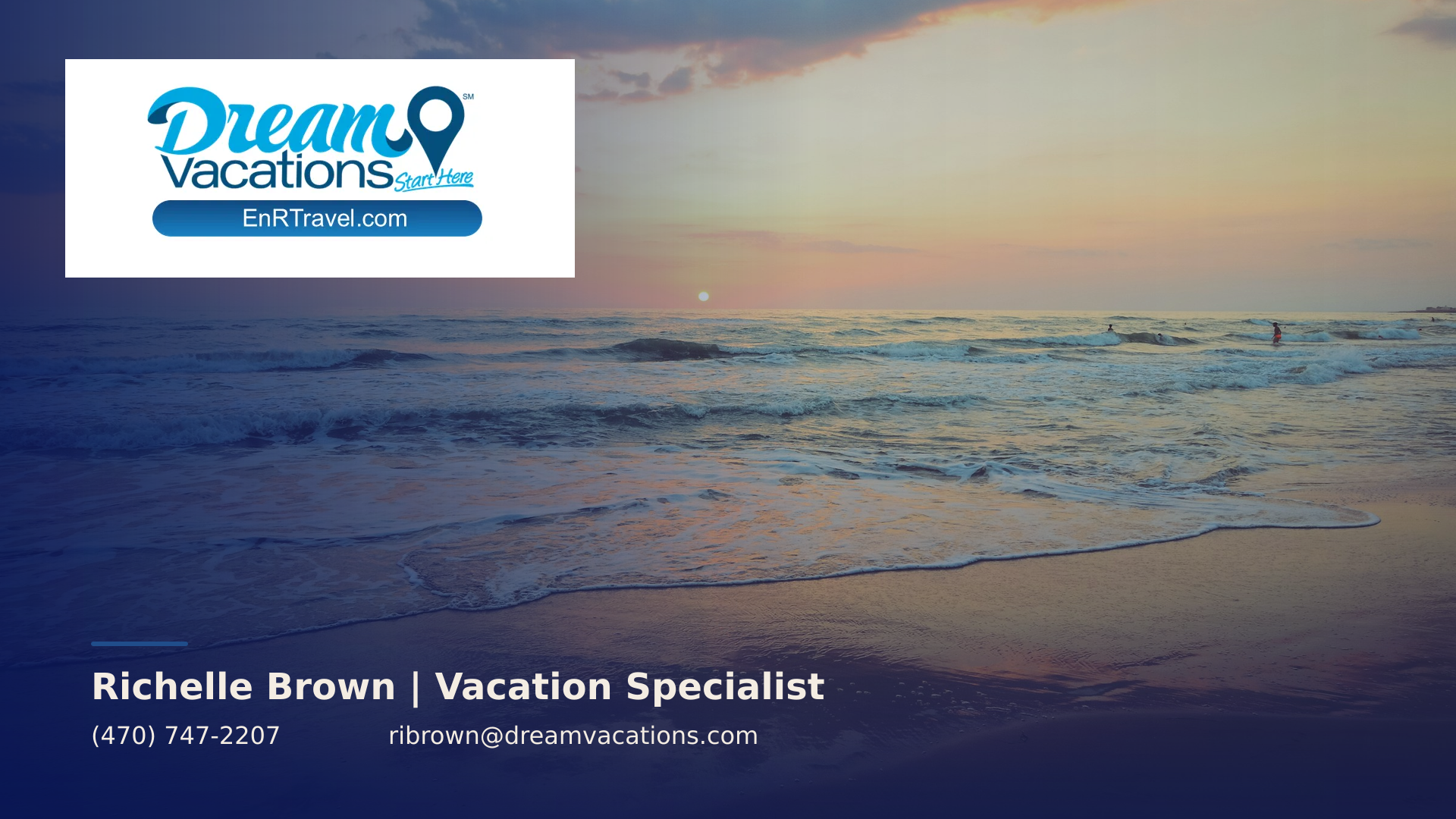 Version 6 Coastal Escape Zoom background with a calm coastal shoreline, soft horizon, ocean waves, the Dream Vacations logo, and Richelle Brown contact details