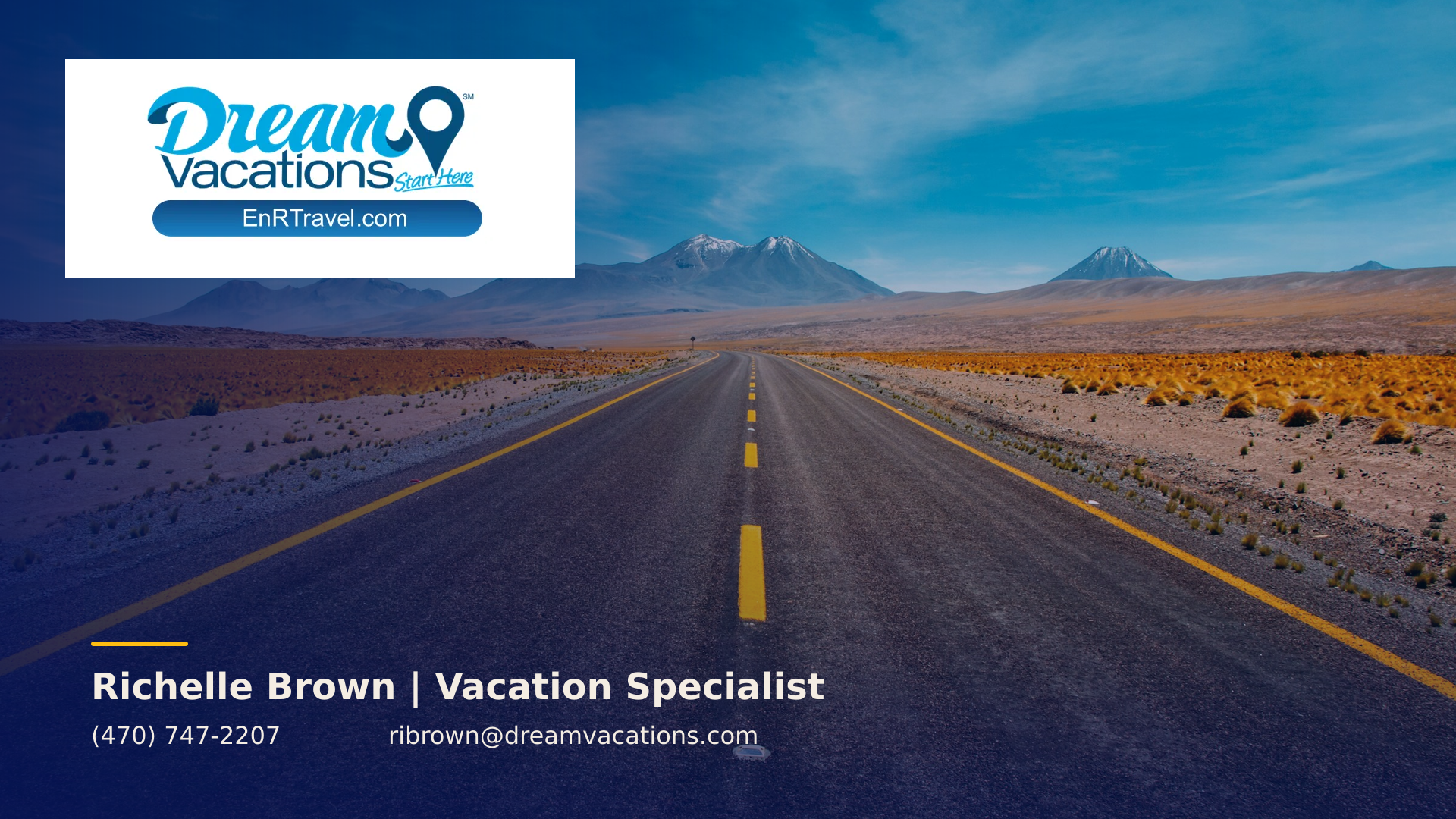 Version 7 Passport Adventure Zoom background with a scenic international mountain road, travel route, the Dream Vacations logo, and Richelle Brown contact details