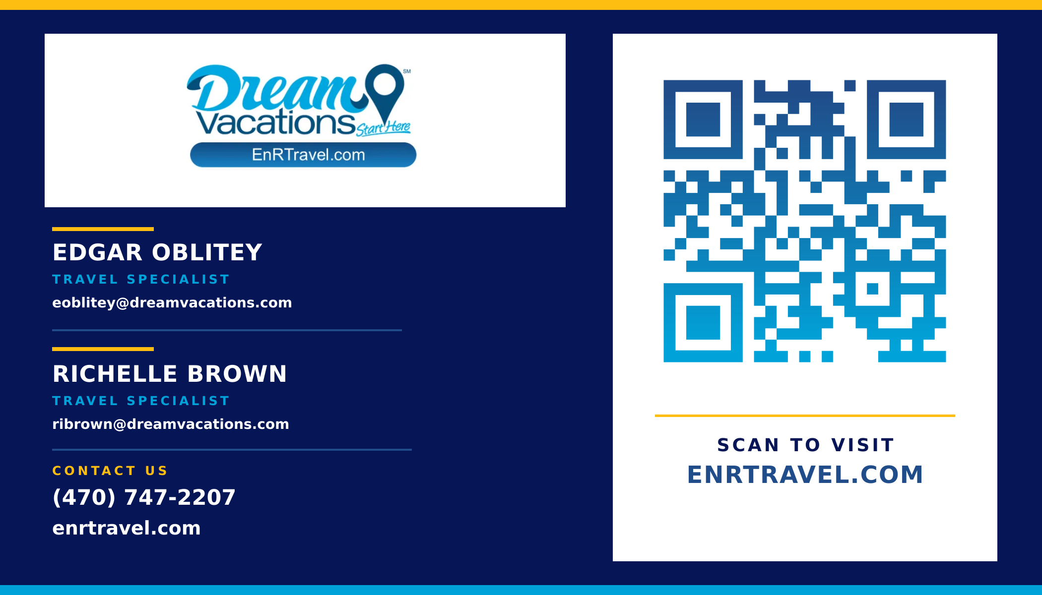 Version 2 back with Edgar Oblitey and Richelle Brown, the official Dream Vacations logo, shared contact details, and EnRTravel.com QR code