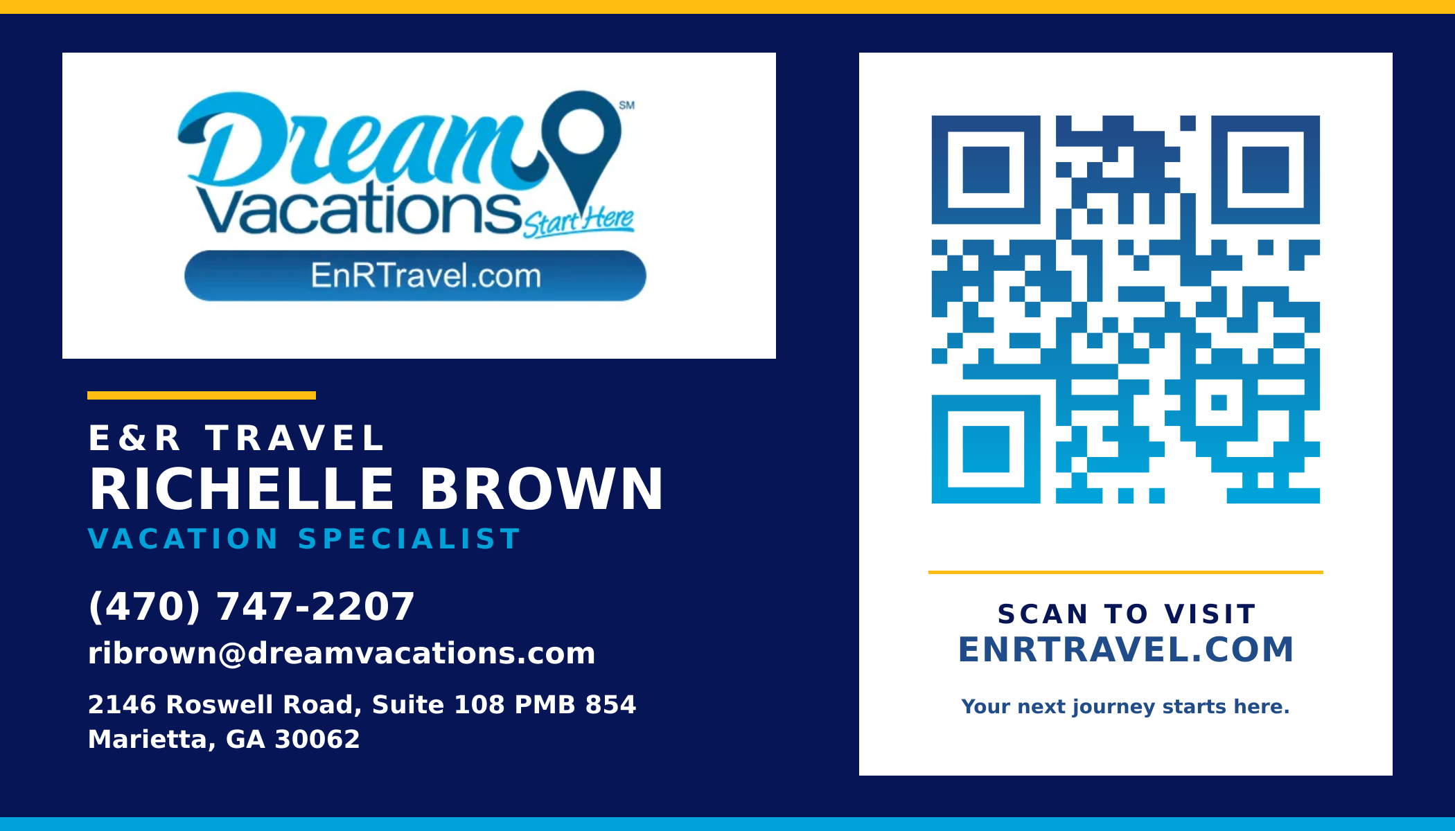 Brand-compliant E&R Travel business card back with Dream Vacations logo, contact details, and EnRTravel.com QR code