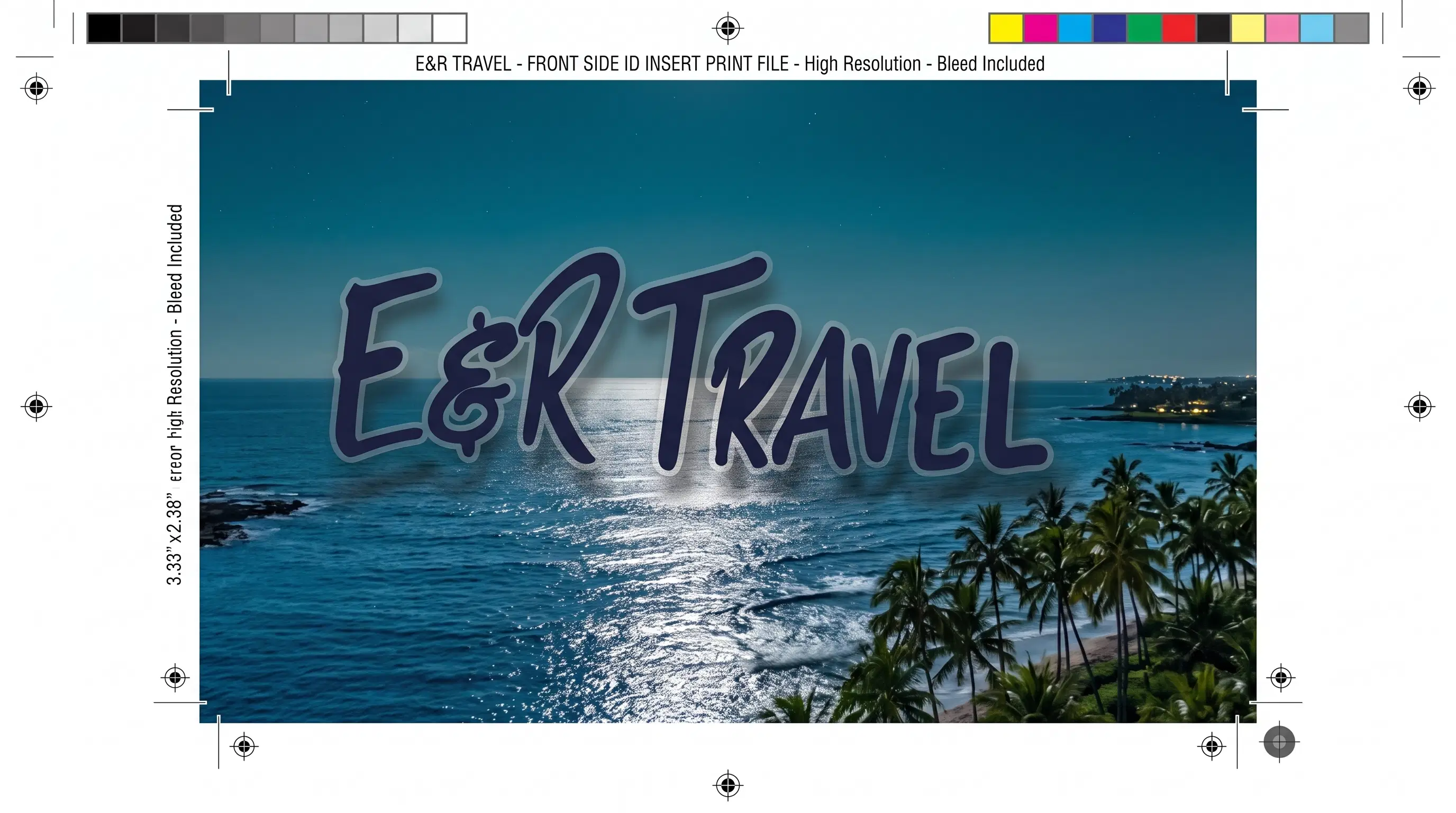 Supplied Fun E&R Travel front artwork with printer marks and coastal night artwork